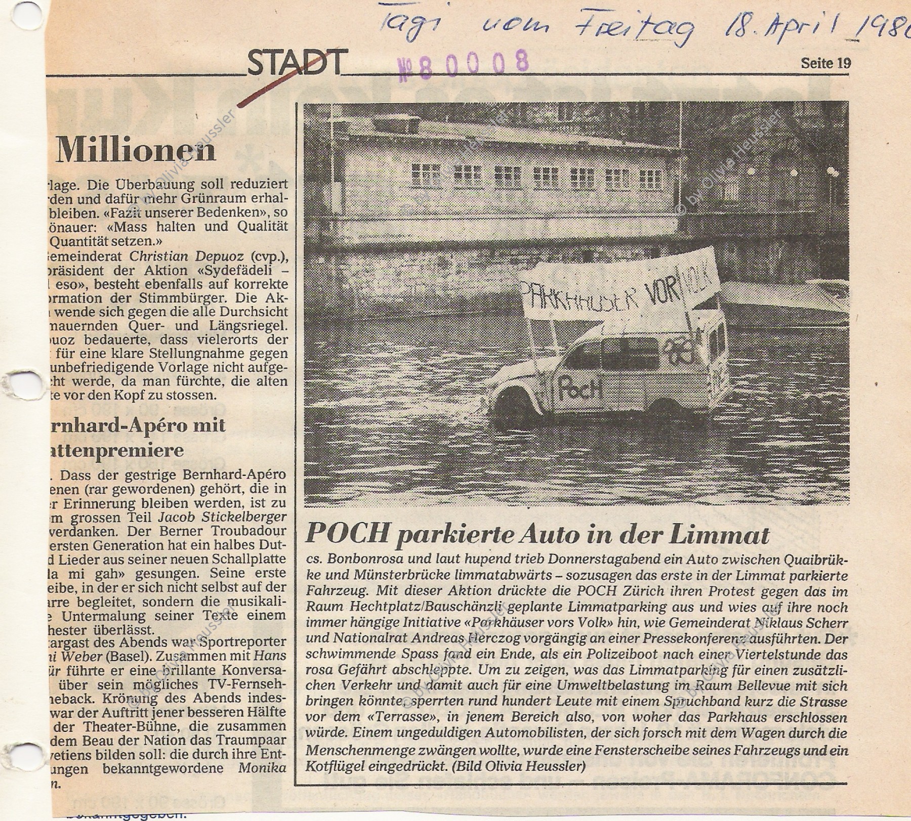 Image of sheet 19800080 photo 9: Publiziertes Foto von Olivia Heussler im Tages Anzeiger, Zuerich 1980.

Public media press published