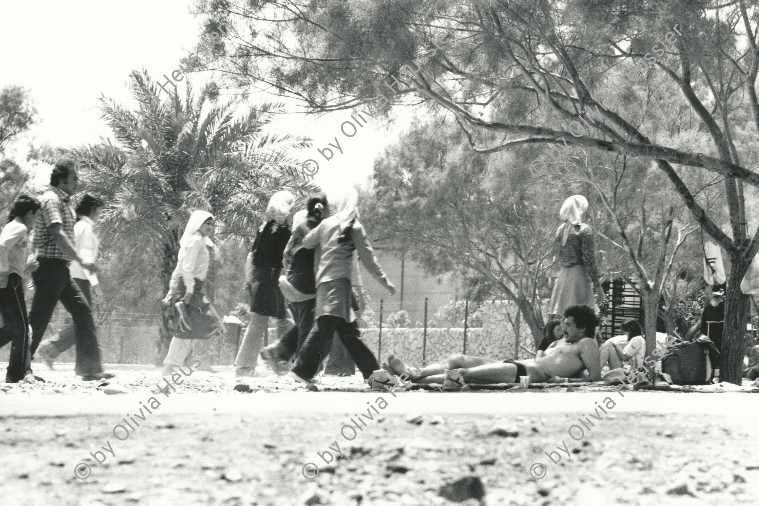 Image of sheet 19800120 photo 28: Das Tote Meer zieht wegen seiner heilenden Wirkung religiöse Besucherinnen aus Palästina an. Sonnende Touristen. Israel 1980 √