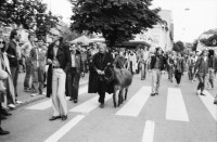 Image of sheet 19800180 photo 26: Jugendliche vor dem Café Odeon, Bellevue, Zuerich 1980. 
Mir sind wider da ! spray Graffiti auf dem Transformatorenhäuschen mit Mascotte Puppe und Paar.
Jugendbewegung Bewegig Zürcher Jugendunruhen Demonstrationen youth movement protest  Schweiz Switzerland