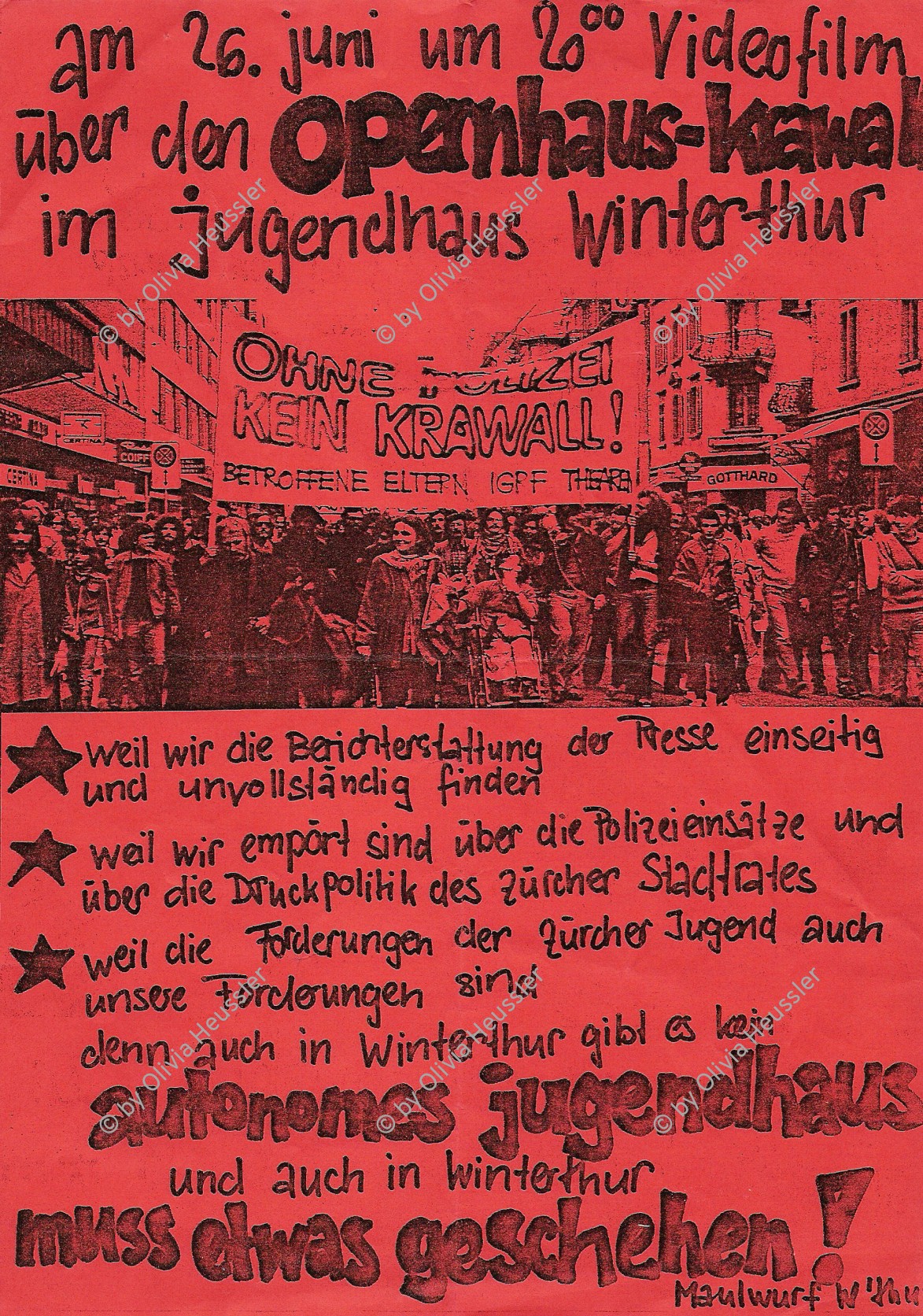 Image of sheet 19800192 photo 31: Verwendung einer Fotografie von Olivia Heussler protest art graphic design flyer Flugblatt 1980 print media

Jugendbewegung Bewegig AJZ Zürcher Jugendunruhen Demonstrationen Schweiz Switzerland Zürich Europe