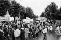 Image of sheet 19800262 photo 18: AnwohnerInnen 'Schweighofstrasse = Abgaskanal' Demo gegen Verkehr. Kinder 'Mehr Sicherheit für uns Aeltere' steht auf einem Schild eines Jungen! ' 2 Jahre und keine Lösung ' ' Weg mit dem Autobahnverkehr auf der Quartierstrasse ' etc. Key Zürich Schweiz trafic public transport Protest Demonstration Kids Strasse