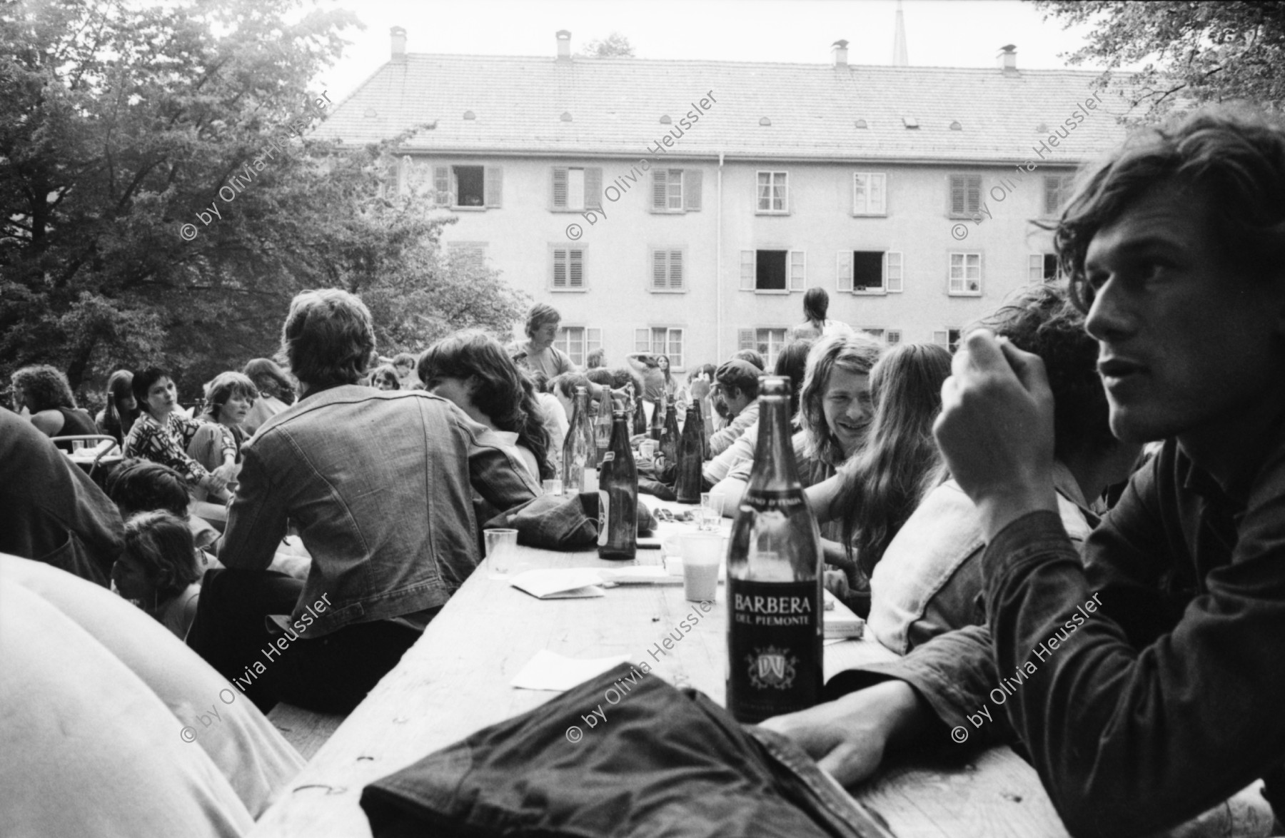 Image of sheet 19800330 photo 14: Fest Rebhügel Siedlung. Besetzung. Zürich 1980 Wohnen Junge Menschen Frauen Männer Party Garten Hof