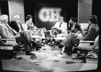 Image of sheet 19800611 photo 6: frtsg. 800590 Müller Sendung im TV mit Fredi Meier, Hayat Aldin, Leonhard Fünfschilling, Präsident SP Stadt Zürich. Emilie Lieberherr, Stadträtin Sozialamt. Bärtschi, und Stadtrat und Polizeivorsteher Frick im CH Magazin. ab TV .07. 1980
Jugendbewegung Bewegig AJZ Zürcher Jugendunruhen Demonstrationen protest youth movement Zürich Switzerland Schweiz