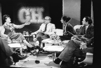 Image of sheet 19800611 photo 8: frtsg. 800590 Müller Sendung im TV mit Fredi Meier, Hayat Aldin, Leonhard Fünfschilling, Präsident SP Stadt Zürich. Emilie Lieberherr, Stadträtin Sozialamt. Bärtschi, und Stadtrat und Polizeivorsteher Frick im CH Magazin. ab TV .07. 1980
Jugendbewegung Bewegig AJZ Zürcher Jugendunruhen Demonstrationen protest youth movement Zürich Switzerland Schweiz