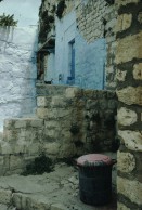 Image of sheet 19803002 photo 42: Im Dorf mit hellblau angemalten Mauern und Katze und rosa Abfalldeckel, Israel 1980.