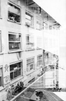 Image of sheet 19810110 photo 1: Jugendzentrum, AJZ in Basel 1981. Innenräume mit zahlreichen Graffittis Szene Doppelbelichtung Velosolex