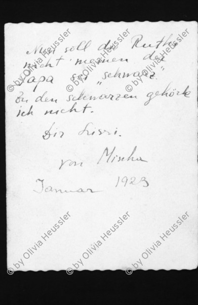 Image of sheet 19810280 photo 28: Repros Postkarten von Mischa Berson, mein Grossvater und Alis Guggenheim meine Grossmutter.
»Nun soll die Ruthi nicht meinen Papa sei «schwarz». Zu den Schwarzen gehörte ich nicht. 
von Mischa Januar 1923