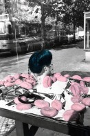 Image of sheet 19810370 photo 36: Vitrine mit Perücke und rosaroten Brötchen. West Berlin Deutschland 1981
√ von Olivia Heussler hand coloriert colored photoraph
© 1981, by OLIVIA HEUSSLER