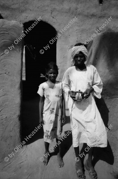 Image of sheet 19820140 photo 17: Junge und Mädchen vor ihrem Lehmhaus (Adobe) bringen uns Tee, Sudan 1982.