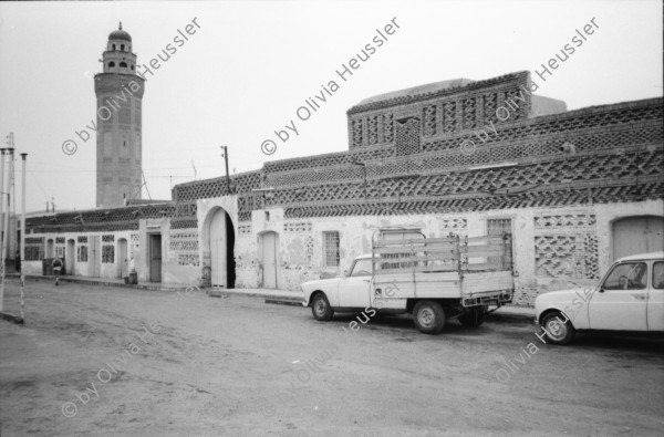 Image of sheet 19820350 photo 11: Ferien mit Christoph Schuler in Tunesien. Tozeur, Reini. Olivia Heussler. Reini klettert auf Palme. Ansicht Strasse Ortschaft. Moschee. vermummte Frauen in der Strasse. Studio de la Jeunesse. Damm durch Salzsee. Chott el Jerid. Wir drei haben uns vermummt für das Bild. Faust. Tunisie Tunisia 1982 Afrique nord Africa Tozeur