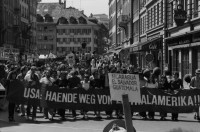 Image of sheet 19830140 photo 10: In Bern fotografiere ich am Rande einer Demo junge Neofaschisten Neonazis Faschisten. Sie verdecken sich die Gesichter. Einer trägt einen Militärhelm. Zentralamerikanische Soli Demo. USA Hände weg von Zentralamerika. Ernesto Cardenal (der damalige Kulturminister der Sandinisten in Nicaragua) läuft vorne mit. Rede vor Nationalbank auf dem Bundesplatz, mit Ernesto Cardenal und frau Esquivel aus Guatemala. Bern 1983