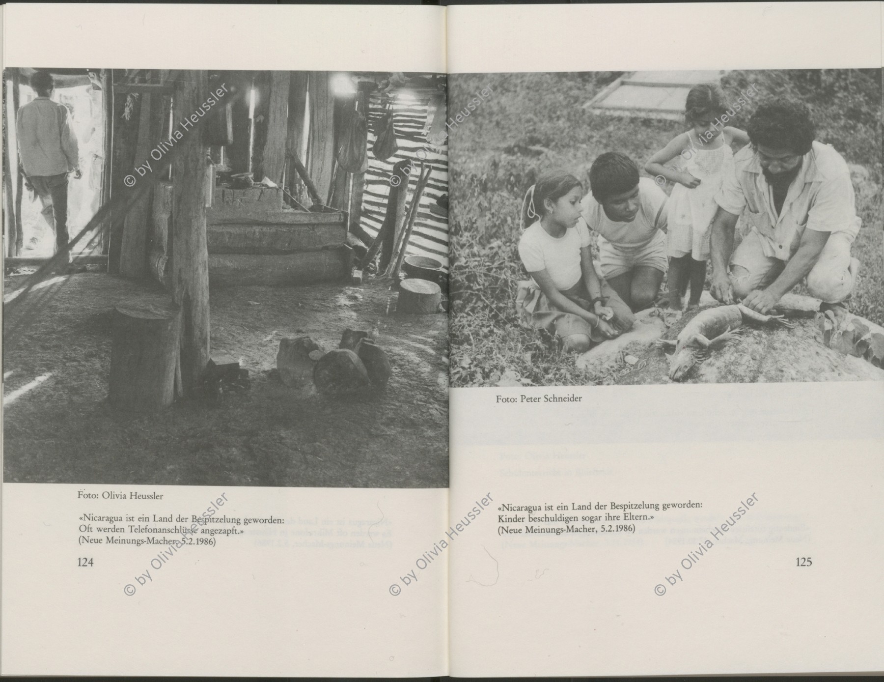 Image of sheet 19840110 photo 24: Book

Schweizer Solidaritäts Brigade in Solentiname. Isla Zapotillo. Boot im See. Wäschebank im See. Vater mit Radio und Knabe. Brigadisten Innen fängt Regen mit Hand auf. Junge besprayt Pferd. Campesino auf Pony mit Rinder. Assentamiento Siedlung. In the house of a settlement for war refugees.
Baseballspieler Baseball Asentamiento Strohhütte Kinder stehen vor Palmwedeln Palmen in Siedlung. Laurel y Galan. (Lorbeer) Machetenschleifen. Adobe haus Hacienda. Einfacher Hausbau in Matagalpa. Nicaragua 1984

Aus: Der Traum von Solentiname/The dream of Solentiname/El sueño de Solentiname