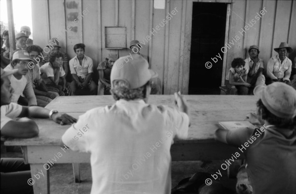 Image of sheet 19840130 photo 9: Schweizer Brigadisten und Brigadistinnen im Zacate ausreissen in der Cooperative
und Landwirtschaftsgenossenschaft La Loma. Campesino sitzungen mit den Bauern. Gewerkschaftssitzungen der ATC Asociacion de Trabajadores del Campo. Machete  Junge reitet auf Pferd um Wasser aus dem Ziehbrunnen zu holen. Hütte und Schwein. Kinder Cowboyhosen Graffitti Wandmalerei Che Guevara. und Kind. Sandino Mural. CDS Mural. Carlos Fonseca Mural Friedhof. Nicaragua Rio San Juan 1984