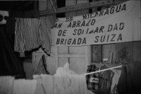 Image of sheet 19840140 photo 3: Sandinist mit unter Leintuch des Ejercito Popular Sandinista. Transparent Schweizer Brigaden. Arbeitsbrigade Brigadisten Brigadistinnen Brigada Suiza. Latrinenbau. Wolfgang Vogel Winterthur Ceibo. Isla de Zapotillo Willy aus Aarau mit Leguane Iguanas. Nicas und Schweizer. Fischerboote. Rudern Insel im Nicaragua see. Solentiname Archipelago de Solentiname. Abendstimmung. Nicaraguaner lernt englisch. Rio San Juan San Carlos Nicaragua 1984