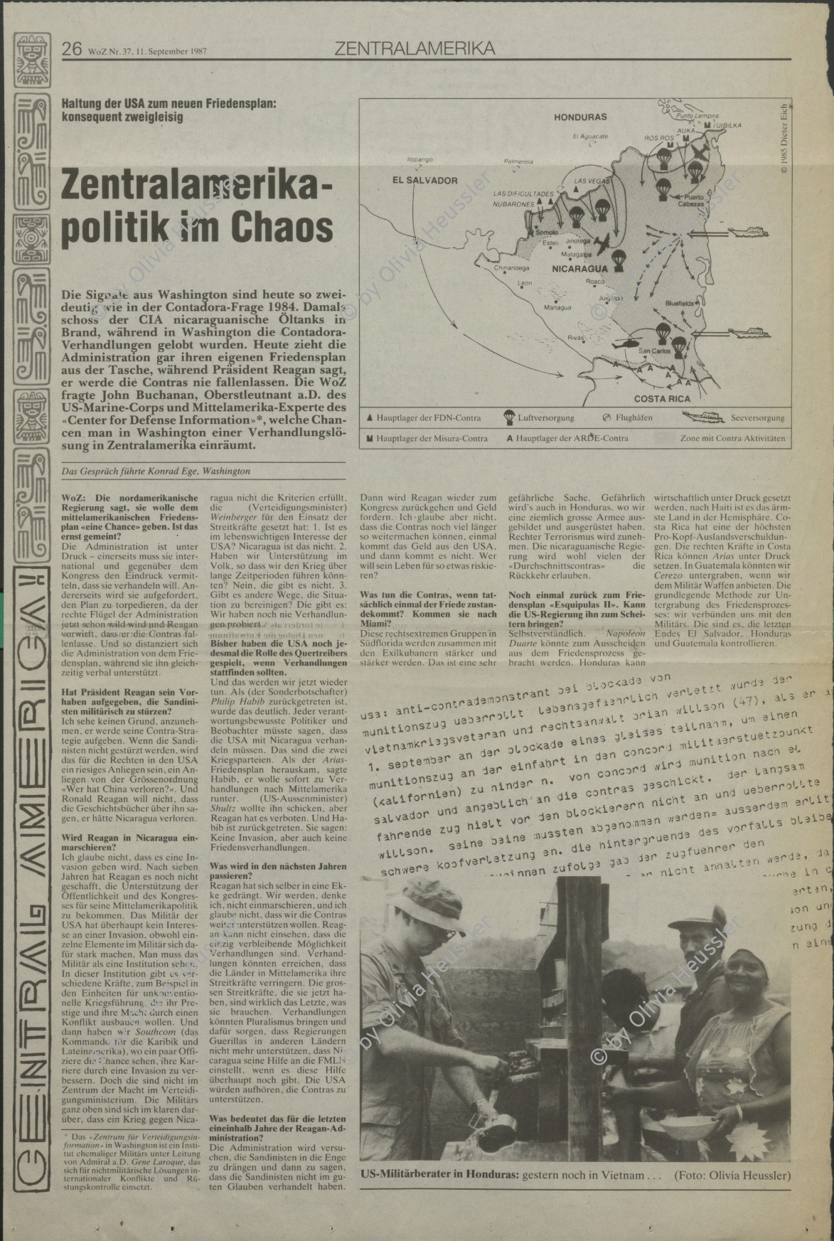 Image of sheet 19840180 photo 8: Im US-Amerikanischen Militär-Ausbildungslager Centro de Entrenamiento Militar (CREM) an der honduranischen Atlantikküste bei El Castillo.Salvadorianische Soldaten. US-Army Soldaten mit M-16 Maschinen gewehre. 
The M16 rifle, officially designated Rifle, Caliber 5.56 mm, M16, is the United States military version of the AR-15 rifle.
Helikopter Flugzeug Ausbildung im Schiessen mit amerikanischem Instruktor. US-Army Soldaten in Zivil vor Bar. Junge schleckt US Marmelade aus Dose. Honduranische Polizei. Anit Kommunisten Wandmalerei. Spray Wachturm in Palmerola. Junge und Soldaten. Bahnhof Eisenbahn. Mädchen und Mutter auf dem Weg zur Kirche mit Mais blätter. Lacayo ehem. Nic. Kulturminister und Mann von Anna Qriquillon. Gabriela Battaglia. San Pedro Sula Honduras Mittelamerika Centralamerica 1984