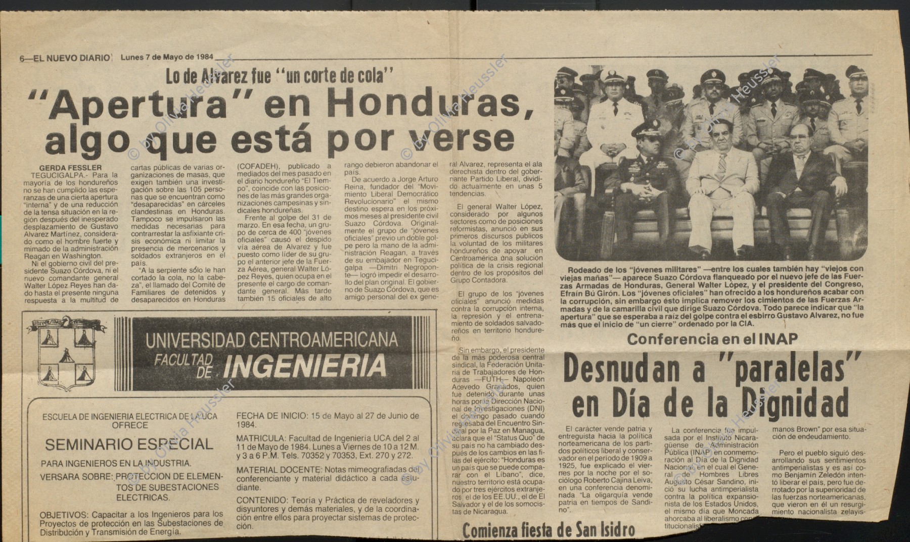 Image of sheet 19840190 photo 29: Staatspräsident Suazo Cordoba (mi) General Walter Lopez Reyes (li) und Staatsanwalt Efrain Bugiron (re), an einer Militärparade in Tegucigalpa, Honduras 04.84 Honduras' Civilian President Suazo Cordoba (m) flanked by General Walter Lopez Reyes (l) and Dr. Efrain Bu Giron (r) and the chiefs of Staff of the Honduran Armed Forces are attending the inauguration of General Lopez Reyes. (1995 Vicepresident) Out of: From time to time / Von Zeit zu Zeit Honduras Mittelamerika Centralamerica Zentralamerika 1984