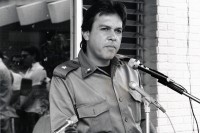 Image of sheet 19840380 photo 10: Jaime Wheelock spricht. Er ist sandinistischer Kommandant , Landwirtschaftsminister Agrarreformminister Managua Nicaragua 1984 √e