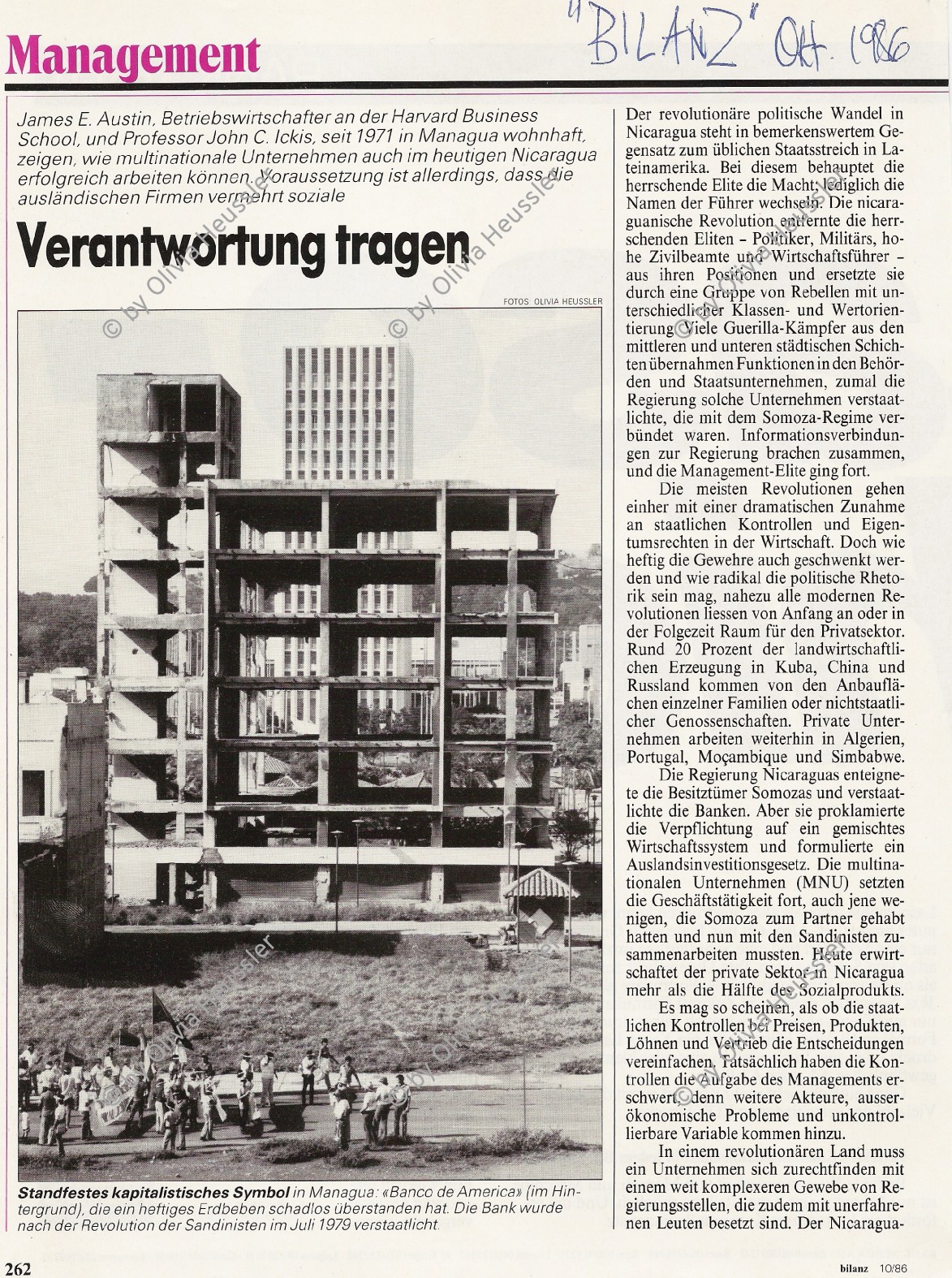 Image of sheet 19840420 photo 11: Am 5. Jahrestag der Revolution, Sicht durch die Ruinen aufs Gebäude der Banco de America, Managua 1984.