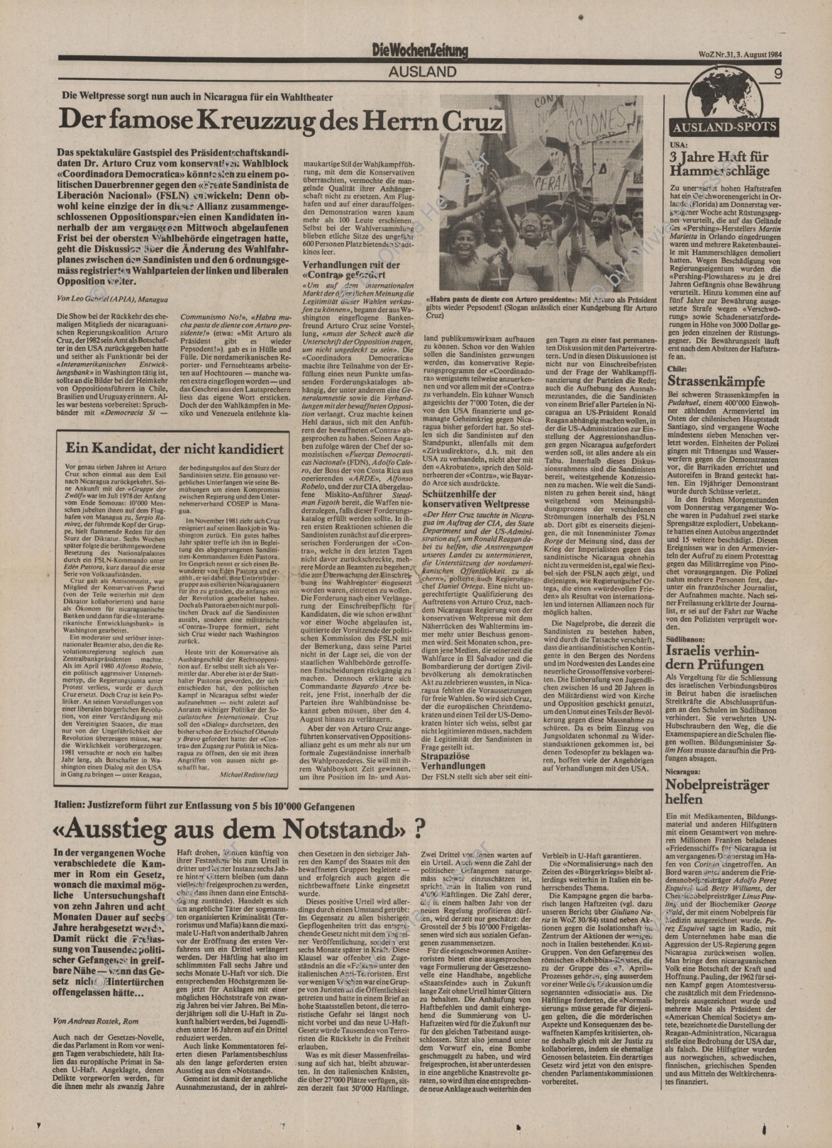 Image of sheet 19840450 photo 22: Portrait Arturo Cruz im Kino Cine Cabrera. Die Lösung sind wir alle. Portrait Traute Boie. Evita Peron läuft im Kino. Demonstration für Arturo Cruz. Antisandinistische Demonstration. PSC. Fisch Vor den Wahlen. Wahllokal Menschen stehen an. Menschen Schlange. Managua Nicaragua 1984
 
Arturo José Cruz Porras (born December 18, 1923), sometimes called Arturo Cruz, Sr. to distinguish him from his son, is a Nicaraguan banker and technocrat. He became prominent in politics during the Sandinista (FSLN) era. After repeatedly resigning from positions in protest, opinion divided between those who lauded him as a statesman and man of principle, and those who derided him as an ineffectual hand-wringer