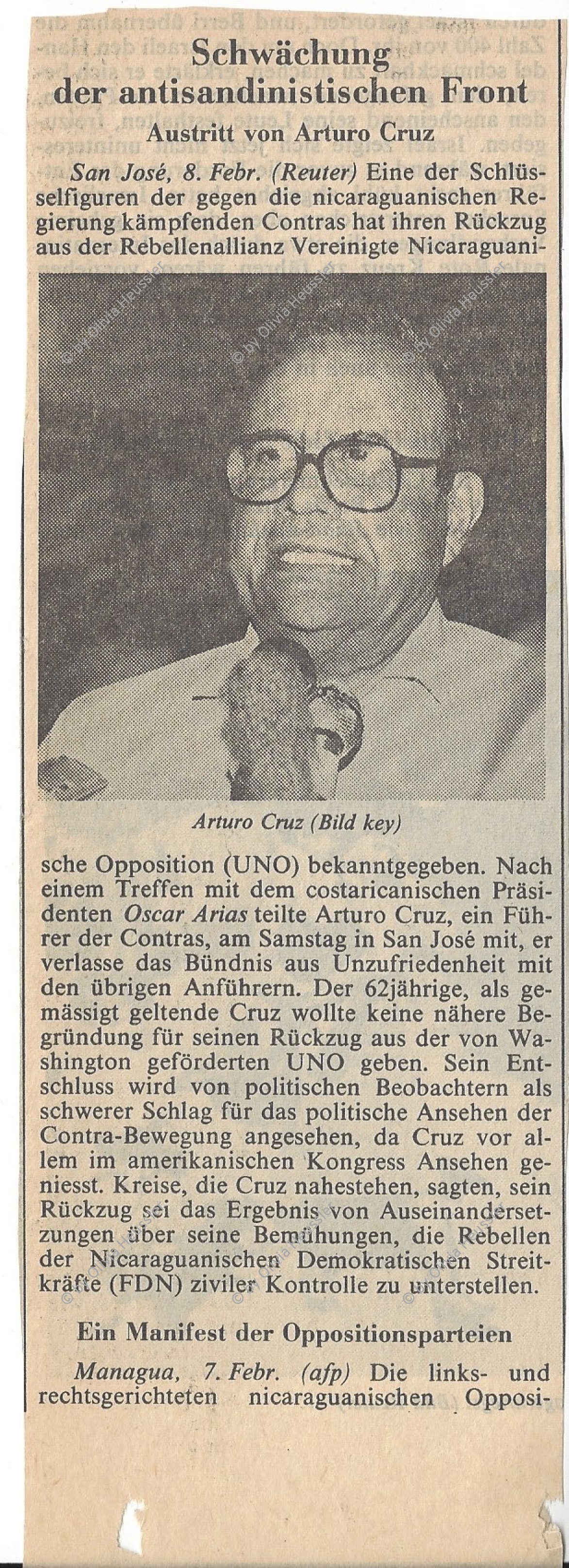 Image of sheet 19840450 photo 3: Portrait Arturo Cruz im Kino Cine Cabrera. Die Lösung sind wir alle. Portrait Traute Boie. Evita Peron läuft im Kino. Demonstration für Arturo Cruz. Antisandinistische Demonstration. PSC. Fisch Vor den Wahlen. Wahllokal Menschen stehen an. Menschen Schlange. Managua Nicaragua 1984
 
Arturo José Cruz Porras (born December 18, 1923), sometimes called Arturo Cruz, Sr. to distinguish him from his son, is a Nicaraguan banker and technocrat. He became prominent in politics during the Sandinista (FSLN) era. After repeatedly resigning from positions in protest, opinion divided between those who lauded him as a statesman and man of principle, and those who derided him as an ineffectual hand-wringer