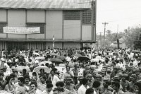 Image of sheet 19840550 photo 13: Wahlveranstaltung für den F.S.L.N. FSLN an der Atlantikküste. RAAN Puerto Cabezas. Zuschauer Nicaragua 1984 √ 
Elective for F.S.L.N. on the Atlantic coast