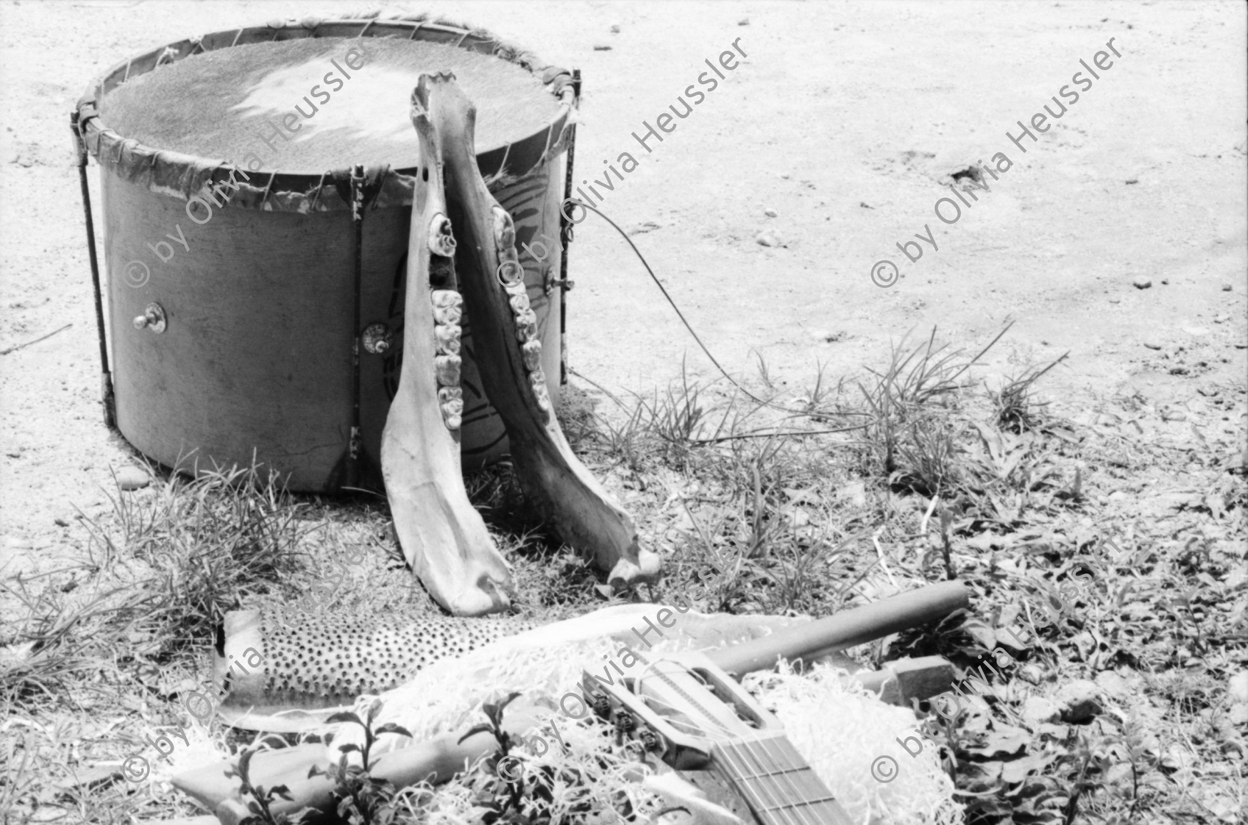 Image of sheet 19840550 photo 20: Wahlveranstaltung für den F.S.L.N. FSLN an der Atlantikküste. RAAN Puerto Cabezas. Musikinstrumente. Miskitos Indianer. Soldaten Sandinisten. Cmdte. Kommandant Daniel Ortega mit kleinem Mädchen. Und Führer der Sandinisten an der Costa Atlantica. Portrait Indianer Miskito Indio Indigena. Soldaten EPS vor Wandmalerei Graffittis. Zuschauer Nicaragua Musikinstrumente Pauke. Musik. 1984