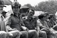 Image of sheet 19840550 photo 29: Kommandant Daniel Ortega Führer der Sandinisten an der Costa Atlantica. Nicaragua 1984 √ 3rd from left Puerto Cabezas RAAN political rally sandinist leader unifomed 

José Daniel Ortega Saavedra (Spanish pronunciation: [xo̞ˈse̞ ðaˈnje̞l o̞rˈte̞ɣa saˈβe̞ðɾa]; born 11 November 1945) is a Nicaraguan politician. He is the current President of Nicaragua (since 2007), a position he has held previously between 1985 and 1990. A leader in the socialist Sandinista National Liberation Front (Frente Sandinista de Liberación Nacional, FSLN), his policies in government have seen the implementation of leftist reforms across Nicaragua.