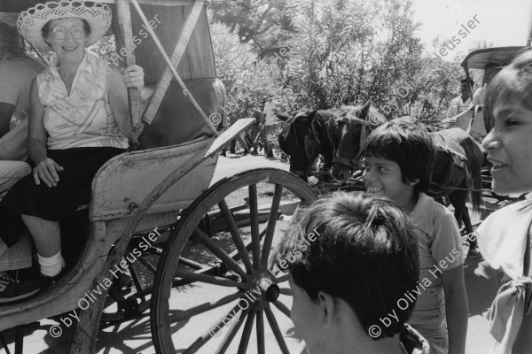 Image of sheet 19840610 photo 34: Eine US-amerikanische Gewerkschafterin demonstriert ihre Solidarität aus einer Pferdekutsche mit den sandinistischen Organisationen UNAG und FSLN
Managua Nicaragua 1984 √ horse coach woman solidarity us america central kids child boys hut sun