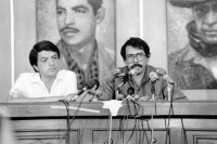 Image of sheet 19840630 photo 21: Sergio Ramirez (le) and Daniel Ortega at a conference bevore the first elections under the Sandinist. Nicaragua 1984 √
political rally elections