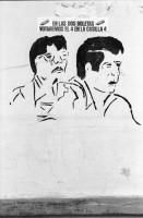 Image of sheet 19840630 photo 9: Sergio Ramirez und Daniel Ortega einen Tag vor den Wahlen im November. Wandmalereien des FSLN. Junge Frau beim wählen. Schlange stehen vor dem Wahllokal. Soldaten stehen stundenlang Schlange in der Sonne und schützen ihren Kopf mit der Parteieigenen revolutions Zeitung der FSLN «La Barricada».
Wahlen Nicaragua 1984