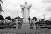 Image of sheet 19840650 photo 21: Das Grab von des sandinistischen Kommandanten der FSLN Cmdte. Enrique Schmidt auf dem Friedhof ist zerstört. Die Kränze liegen chaotische herum, im Cementerio General. Das Grab von Chamorro. Heiligenstatue. Kreuz. Kinderdemonstration. Kinder tragen Friedenstaube aus Karton. FSLN Fahnen. Panzer steht in Managua. Nicaragua 1984