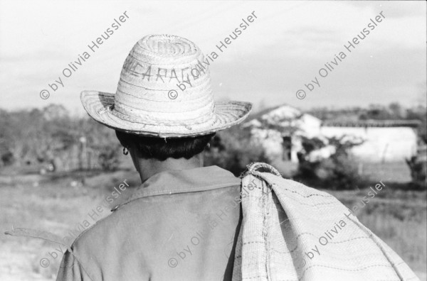 Image of sheet 19850040 photo 17: Frauen einer Kooperative ernten Baumwolle. Vulkan im Hintergrund. Sie gehen auf der Panamericana. Gruppenbild der Arbeiterinnen. Sie tragen Hüte die mit dem Namen Nicaragua bestickt sind. Eine Familie schleppt ein Wasser Wassertransport über die Landstrasse. Chinandega Nicaragua 1985