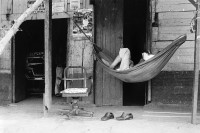 Image of sheet 19850140 photo 1: Noch sind die alten vor dem Erdbeben gebauten Häuser im Zentrum bewohnt. Sie sind aber als Ruinen zu bezeichnen. Sonntagnachmittag in Managua Nicaragua 1985 √ Mann man reading in hammock hamock Hängematte am lesen 
© 1985, by OLIVIA HEUSSLER / www.clic.li