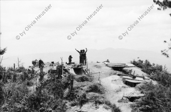 Image of sheet 19850160 photo 19: Das Frauenbataillon Veronica Lacayo ist aus Leon und im Nachschub tätig. Die Frauen haben eigene Brüder, Männer und Söhne im Krieg verloren und AMNLAE hat ihnen einen Einsatz möglich gemacht. Für die Männer an der Front sind sie eine Aufmunterung. Die jüngste hat sogar ihre Lippen rot angestrichen. 2 tanzen miteinander eng verschlungen. Lachender Soldat mit Munition um den Körper. Gruppenbild der Soldatinnen. Gruppenbild der Frauen mit Gabriel Gabrielle Baur, Kristina Konrad und Anne (?) und Olivia. Ein Soldat beim rasieren. Kristina beim Abmarsch. Olivia Portrait und beim Abstieg vom Cerro 1300. Frauen tanzen. Kalaschnikow AK-47 Awtomat Kalaschnikowa, obrasza 47 (kyrillisch Автомат Калашникова образца 47), ein sowjetisch-russisches Sturmgewehr. 
Tabakfelder bei Esteli. Soldaten. Nicaragua 1985
«Cerro 1300», Dpto. de Nueva Segovia, 1985