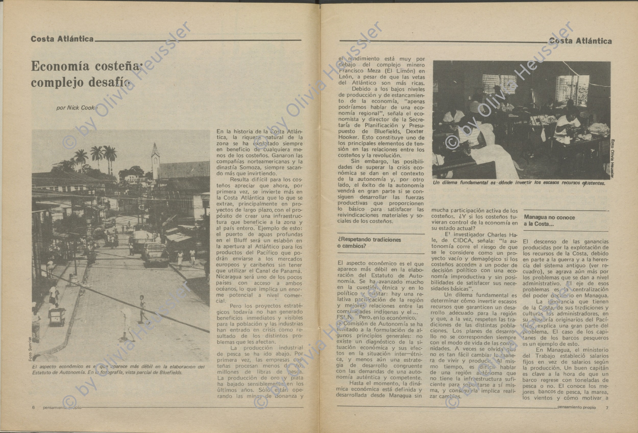 Image of sheet 19850230 photo 31: Im Schneider-Kollektiv Neysi- Rios in San Mateo arbeiten die Frauen
Uebersicht. des Arbeitsraum. Mann auf Balkon in einer Siedlung. Knabe spielt mit leeren Patronenhülsen. Er schaut traurig in die Kamera. Ueberall hängen Totenkränze herum. Alter Stadtteil von Bluefields. Kirche der Moraver Mähren. Moravian Church 
Bluefields es un municipio de la Región Autónoma del Atlántico Sur, Nicaragua. Su cabecera municipal es Bluefields, que actualmente es sede administrativa del Gobierno Regional Autónoma del Atlántico Sur. Este municipio colinda al norte con el municipio de Kukra Hill, al sur con los municipios de San Juan del Norte y El Castillo, al este con el Mar Caribe y al oeste con los Municipios de Nueva Guinea y El Rama. RAAS 1985 


El Bluff is a port city on the Caribbean coast of Nicaragua within the bay of Bluefields. El Bluff handles limited cargo and has basic piers. It is also a base for the fishing vessels serving the Nicaraguan east coast going out to sea.