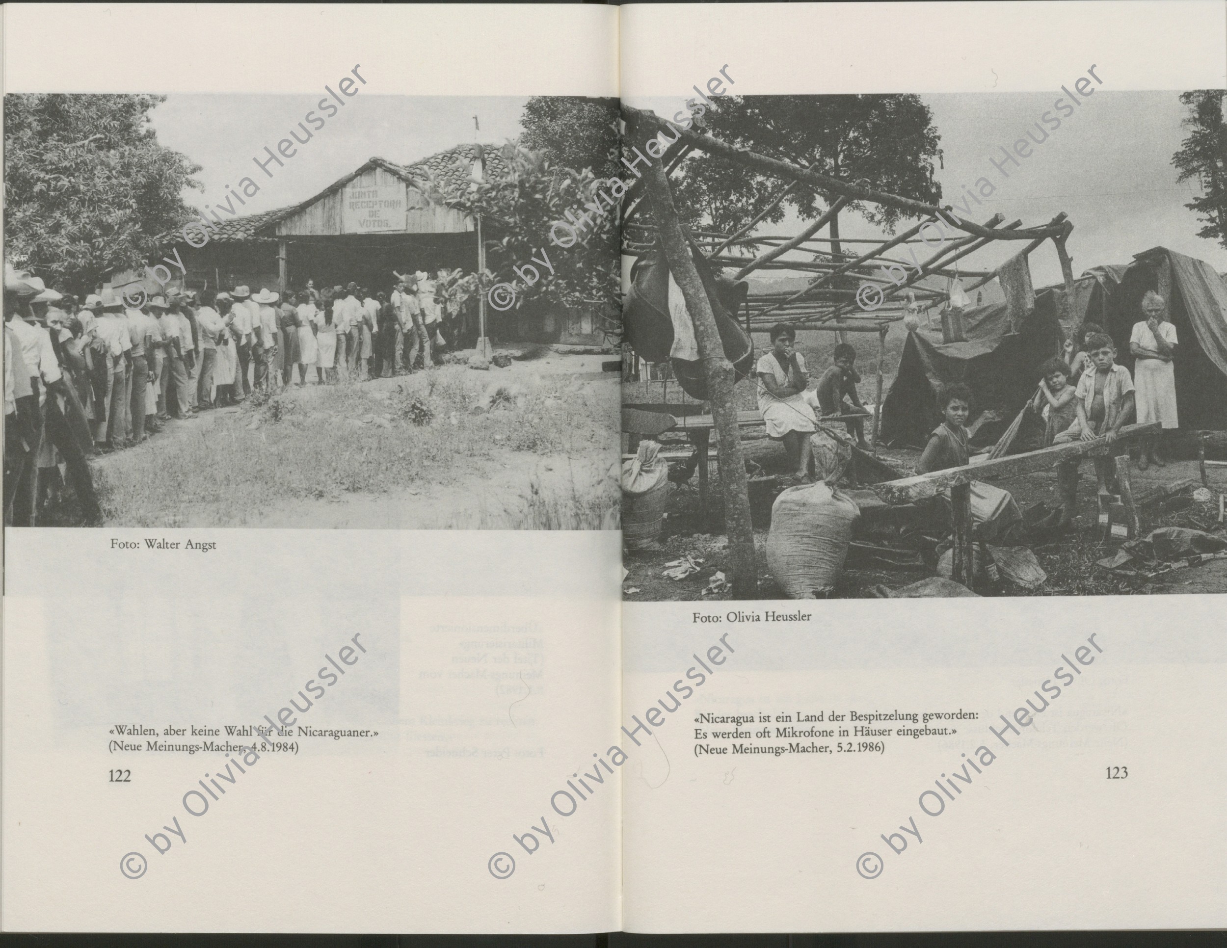 Image of sheet 19850270 photo 34: Das Assemtaiento Panali und Bartolo liegt am Rio Coco. Die Kinder haben es schwer und heiss unter den schwarzen Plastikplanen. Ich begleite eine Krankenschwester die jungen Mädchen die erste Hilfe Kurs. Beatmungen an einer Phantompuppe zeigt. Ein Mädchen ist mit ihren Schwestern mit der Kalaschnikov 
The AK-47 is a selective-fire, gas-operated 7.62×39 mm assault rifle, first developed in the USSR by Mikhail Kalashnikov. It is officially known as Avtomat Kalashnikova (Russian: ??????? ???????????). It is also known as a Kalashnikov, an AK-47, or in Russian slang, Kalash.
unterwegs. Sandino steht an der Mauer. Eine Familie ohne Mann und Oberhaupt (!) bricht seine Zelte ab um in ein neuerstelltes Haus ohne Wände zu ziehen. Frau mit Baby sitzt unter einem Baum. Quilali Rio Coco Nicaragua 1985

book