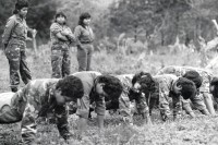 Image of sheet 19850280 photo 25: Das Frauenbataillon «Veronica Lacayo». Die Frauen machen ihre Morgenübungen. während dem Training. Liegestützen 
La Sandrita Nueva segovia Nicaragua 1985 √
Kriegsfront War Krieg EPS FSLN Front Women Soldier Army Soldatinnen