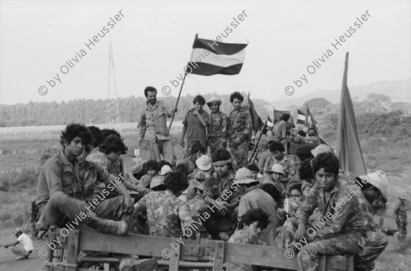 Image of sheet 19850320 photo 39: frtsg. 850310 Die Brücken werden nach Mienen abgesucht. Der Teniente Primero Carlos Morales schaut mir schön in die Camera. Konvoi Militär Die Frauen sandinstisches Bataillon «Veronica Lacayo» reisen übermütig in einem eigenen Lastwagen mitten im Konvoi. Viele schreien fast vor Freude, andere schauen skeptisch an den Berghügeln entlang die Horizonte nach Contras ab. Der Konvoi folgt uns treu. Fahnen werden geschwungen. Die einen steigen aus und tanzen. Freudensmomente am Eingang nach Leon. Wo ist mein Mann, mein Sohn. Die Frauen stehen gespannt am Strassenrand.
Military Army Sandinist Women Soldier
Aus: «Der Traum von Solentiname/The dream of Solentiname/El sueño de Solentiname» Leon Nicaragua 1985
The Sandinista Popular Army (or People's Army; Ejército Popular Sandinista, EPS) was the military established in 1979 by the new Sandinista government to replace the National Guard, following the overthow of Anastasio Somoza Debayle.