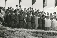 Image of sheet 19850350 photo 23: Die neun sandinistischen Kommandanten u.a. (from left to right) 1.v.l. Tomas Borge, 2. v.l. Victor Tirado, 3.v.l. Kommandant der Revolution Daniel Ortega 4. v.l. Humberto Ortega, 5. v.l. Henry Ruiz, 6. v.l. Jaime Wheelock, 7. v. l. Bayardo Arce , 8. v.l. Sergio Ramirez Mercado, 9 v.l. Carlos Núñez, 10. v.l. Javier Carrion, during the celebration of the 6th aniversary of the Revolution Sandinist. während der Feierlichkeiten zum 6. Jahrestag der Revolution. Managua Nicaragua 19.07.85 1985
The nine sandinist commandants during celebration of the 6th aniversary of revolution. √