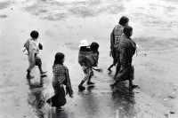 Image of sheet 19850510 photo 24: Auf dem Weg und am Tag der Wahlen . Am Atitlansee. Atitlan Indigena Indianer Indianerinnen. Eine Bauern Familie watet durch den Regen. Die Kinder amüsieren sich in ihren Trachten. Guatemala 1985 √