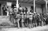 Image of sheet 19850520 photo 14: frtsg. 850510 Feier in Santiago de Atitlan. In Panachajel wählen die IndianerInen ihr den Präsidenten. Jan Schmeitz holländischer Fernseh TV Journalist an der Schreibmaschiene vor dem Hotel. Portrait. Die Bauern in ihren jeweiligen Trachten stehen vor dem Wahllokal in der Schlange. Gruppenbild Wahlen. Eine Mutter Campesina Indigena Indio und ihr Kind im Tuch wählt. In Solola ist der Platz voll von Menschenschlangen die den neuen Präsidenten wählen müsssen. Die Autodefensa ist ein gefährlicher Kontrollmechansimus zur Ueberwachung der eigenen Dorfwache Dorfwächter Dorfbevölkerung. Sie sind vom Staat organisiert und tragen auch einfache Holzgewehratrappen. Zwei alte Bauern in Patzun. Bauern beim wählen. Campesinos Guatemala 1985
