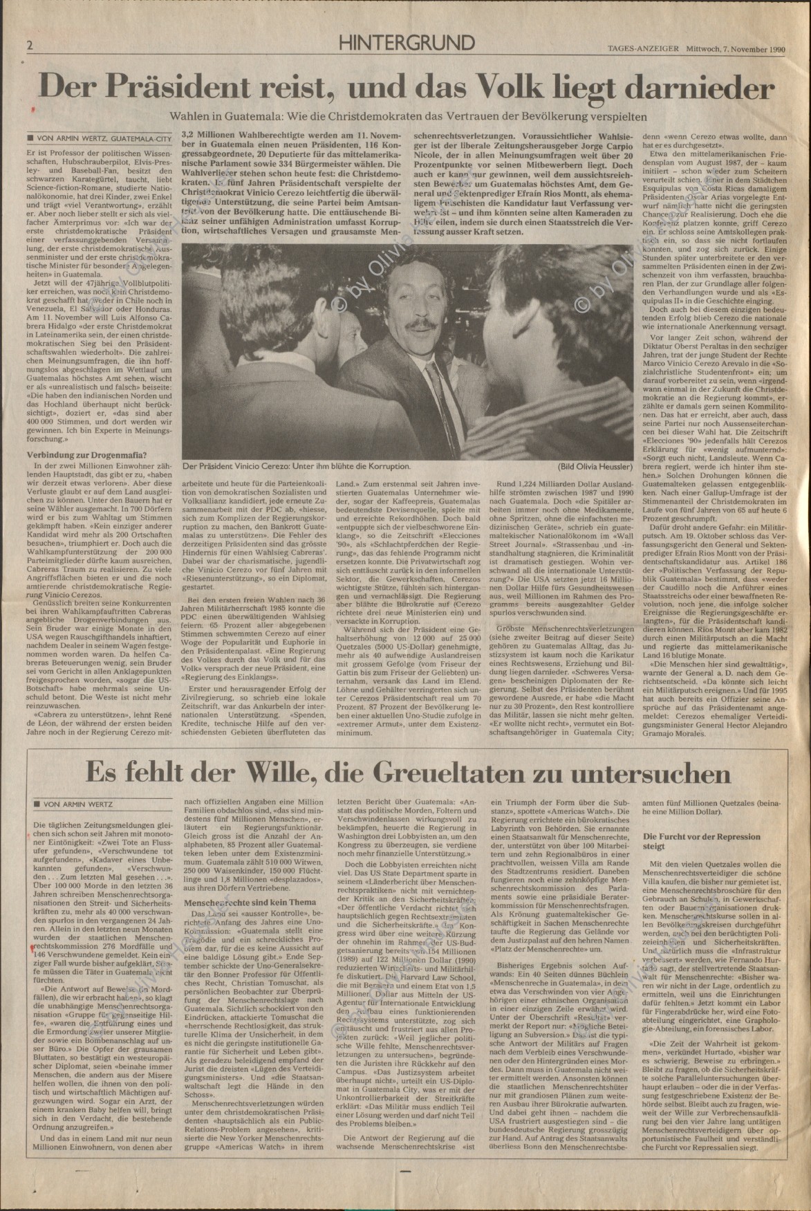 Image of sheet 19850530 photo 32: Nineth de Garcia today: Nineth Montenegro, is one of the founders of the Mutual Support Group (Grupo Apoyo Mutuo, or GAM) for relatives of the disappeared. Her husband Fernando was abducted three months before. But this group is not being formed simply to hold hands. They are supporting each other to protest the injustice of the disappearances.
GAM (Mutual Support Group; Spanish: Grupo de Apoyo Mutuo), one of Guatemala's oldest and best-known human rights organizations. mit Nineth de Garcia an der Spitze setzt sich seit Jahren für die Familien der vom
 Guatemaltekischen Militär und der Todesschwadronen entführten und
 ermordeten Menschen ein. Die GAM besetzte während den Wahlen, an denen 
Marco Vinicio Cerezo Arévalo (born 26 December 1942) is a Guatemalan politician. He served as President of Guatemala from 14 January 1986 to 14 January 1991 als Gewinner hervortrat die Kathedrale in der Hauptstadt. Das Wahlbüro und Computersaal. Pressearbeit Presse, Saal, Pc. Computer, JournalistInnen. Nineth de Garcia Montenegro Portrait. 

Transparente. Campesinos vor der Kathedrale in Guatemala City beim Regierungspalast.
Centralamerica Zentralamerika 1985