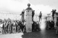 Image of sheet 19850540 photo 0: Ende der Kathedralenbesetzung durch das (GAM)  Grupo de Apoyo Mutuo (Mutual suport group), mit Nineth de Garcia Montenegro die Indianer Innen stehen vor der Kathedrale. 
PK Pressekonferenz mit Militärgeneral Mejia Victores Portrait.
Óscar Humberto Mejía Víctores (* 9. Dezember 1930 in Guatemala-Stadt) war vom 8. August 1983 bis 14. Januar 1986 guatemaltekischer Staatschef.
Óscar Humberto Mejía Victores (born December 9, 1930) was the 27th President of Guatemala from 8 August 1983 to 14 January 1986.

Zentralamerika Centralamerica 1985 √


Grosse Gewerkschafts Demonstration der Cooperativisten durch San Salvador. El Salvador 1985
Gewerkschafts Demonstration mit: Fenacoa Fedecobacen Fecoracen Manifestation Transparent mit den Angaben über die geforderten Preise von: Maiz Arroz Frijol Ajonjoli Algodon (Mais, Baumwolle, Bohnen und Reis
«Pedimos estos Precios» Wir wollen diese Preise!
Lebensmittel Preisen. Masse.