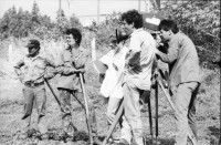 Image of sheet 19860020 photo 32: Film: Mujeres de la Frontera. Direktor Yvan Arguello Lacayo von INCINE. Kamera Rafael Ruiz mein alter Freund. Haupt darstellerin Pauline von Jalapa. Frauen arbeiten mit langen Instrumenten auf dem Feld. Yvan gibt den Schauspieler Innen (Laien) anweisungen. Er schaut durch die Kamera und Rafael steht daneben. Film cinema work art Nicaragua 1986  school Managua