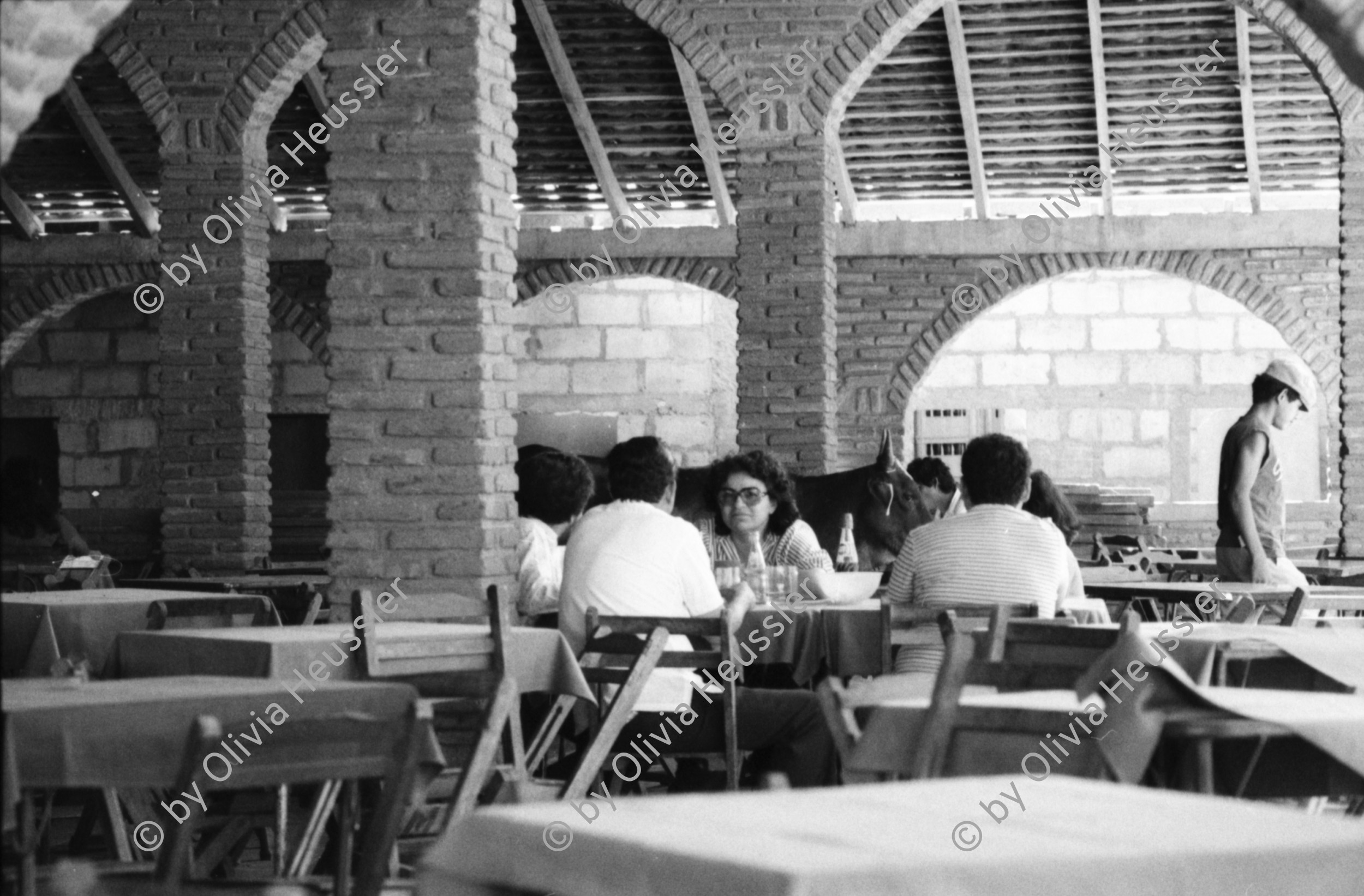 Image of sheet 19860040 photo 22: Nr. 6 - 11 José und Olivia Heussler Portrait
Contras Contra Rebellen junge Bauern ergeben sich den Sandinisten in El Rama. Granada: Kuh steht in einem Restaurant vor dem Bad und einem gemalten Panter auf der Wand. Wandbild Ein Junge führt sie durch's Restaurant und spielt mit ihr. Vulkan Santiago in Masaya in Aktion die Sonne mag nicht ganz durch den Schwefeldampf scheinen. Ein Tagbild wird zum Nachtbild. Meine Nachbarin Ana Patrizia aus Altagracia ist mit ihrer Tochter mitgekommen. Repros 'Pueblo en Armas'. Nicaragua 1986