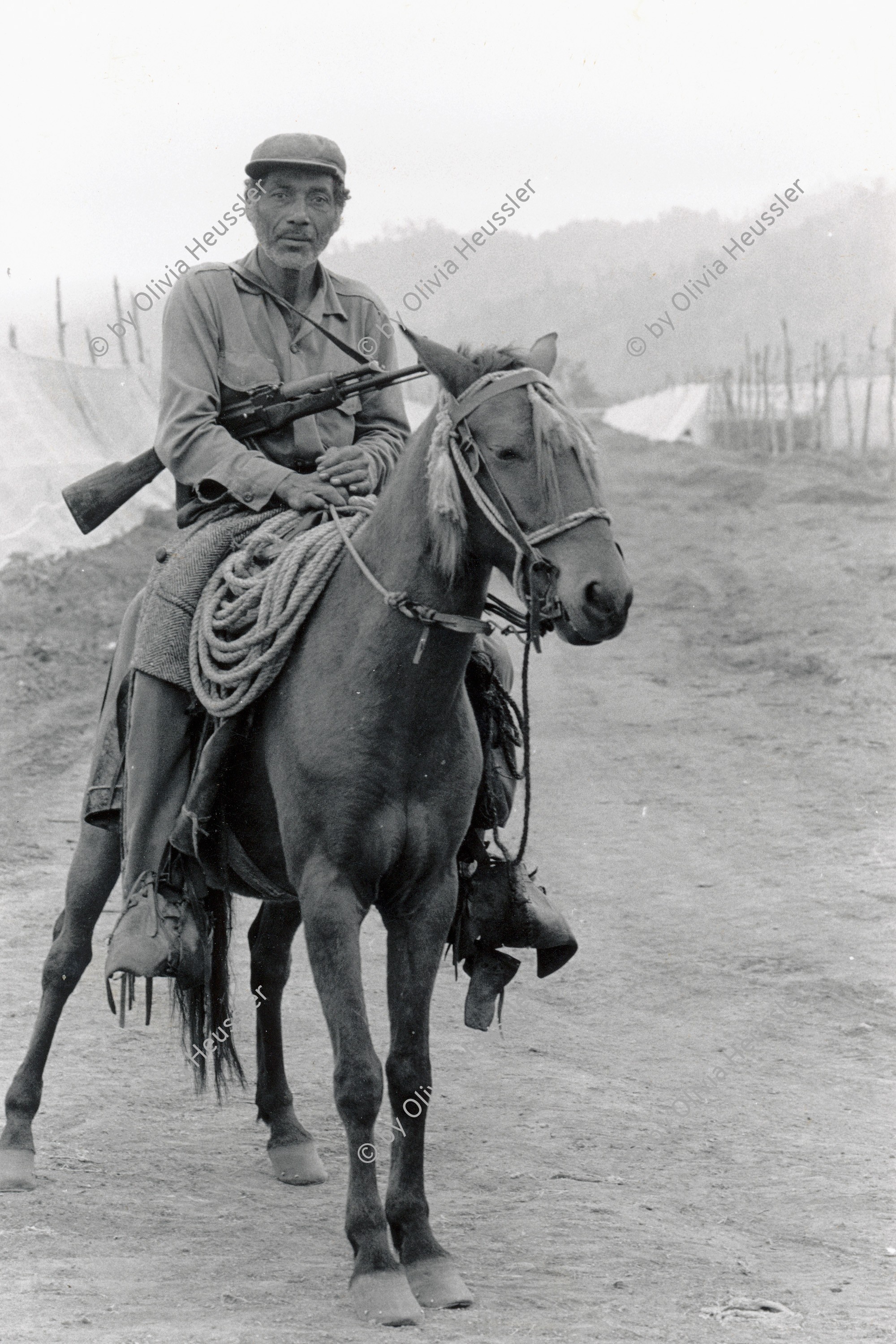 Image of sheet 19860161 photo 40: Tabak. Mann auf Pferd mit Waffe. AK-47. Milizionär . CDS Defensa Sandinista. Ein alter bewaffneter Sandinist Nicaragua Jalapa 1986 √