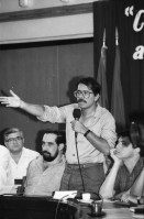 Image of sheet 19870030 photo 22: Daniel Ortega bei einer Rede an einer 'Cara al Pueblo'(Gesicht zum Volk) für Gewerkschafter in Managua. Nicaragua. 1987
comandante de la revolución nicaragüense