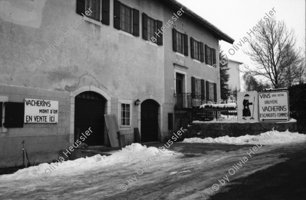 Image of sheet 19870370 photo 4: altes Bauernhaus Schulhaus, Vacherin wird angeboten. Pferd steht im Schnee. Olivia Bodo Lamparski an der Ausstellung in Wangen b. Dübendorf Kulturnäpfli, Züri-Nica Fotoasusstellung Photoausstellung Zürich Nicaragua 1987