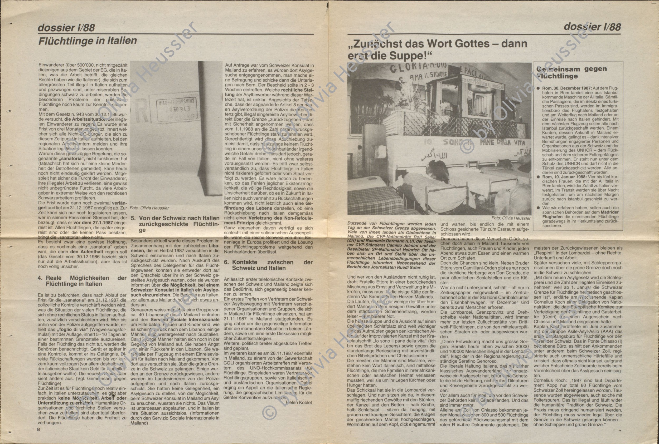 Image of sheet 19870390 photo 25: frtsg. 870380 Delegation von Kaplan Cornelius Koch. Besuch im Auffanglager für von der Schweiz abgewiesene Flüchtlingen Asylantinnen Asylanten Asyl suchende und Obdachlose unter den Geleisen des Zentral Bahnhofs in Mailand. Bei Fratello Ettore der Raum dient auch als Kirche, Schlaf- und Essraum. Bevor die vorwiegend aus Nordafrika kommenden muslimischen Männer ihre Suppe kriegen, müssen sie sich die christliche Messe anhören. Betten stehen da vor einem Bild eines Heiligen der auch liegt. Katakomben. refugees asylum seekers center Europe Milano Italien Italy Mailand 1987
√
© 1987, OLIVIA HEUSSLER / www.clic.li