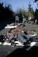 Image of sheet 19873001 photo 13: frtsg. 870360 Hausbesetzung Besetzung Restaurant Annaburg auf dem Uetliberg. Barrikade Besucher und Passanten. Journalistin von Radio 24. Frühstück 
Schlafende in Morgenlicht. Punker im Military mit Nieten u.s.w. Stile schläft draussen. Barrikade brennt im Wald.